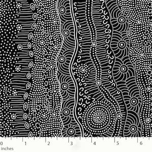 Gathering By The Creek, Black - Sold by HALF YARD - Australian Aboriginal quilting cotton, M & S Textiles