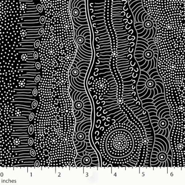 Gathering By The Creek, Black - Sold by HALF YARD - Australian Aboriginal quilting cotton, M & S Textiles