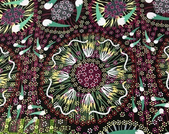 Plum and Bush Banana, Black - Sold by HALF YARD - Australian Aboriginal quilting cotton, M & S Textiles