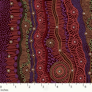 Gathering By The Creek, Burgundy - Sold by HALF YARD - Australian Aboriginal quilting cotton, M & S Textiles