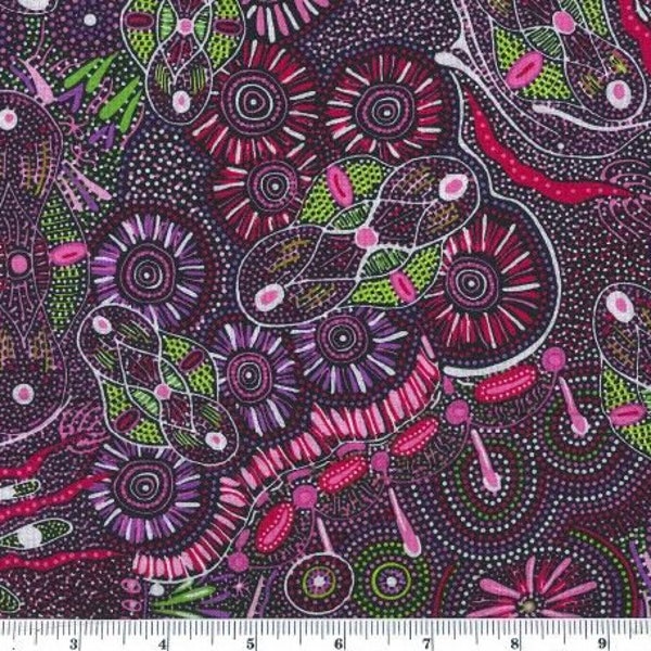 Bush Tucker After Rain, Purple - Sold by 1/2 YARD - Australian Aboriginal quilting cotton, M & S Textiles