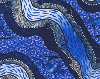 Kangaroo River Camp, Blue - Sold by HALF YARD - Australian, 100% cotton quilting fabric M & S Textiles