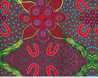 Leaves and Fruit, Red - Sold by HALF YARD - Australian Aboriginal quilting cotton, M & S Textiles