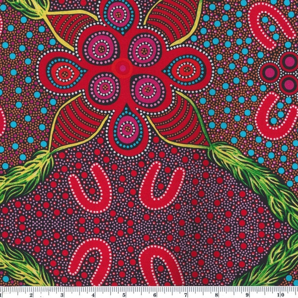 Leaves and Fruit, Red - Sold by HALF YARD - Australian Aboriginal quilting cotton, M & S Textiles