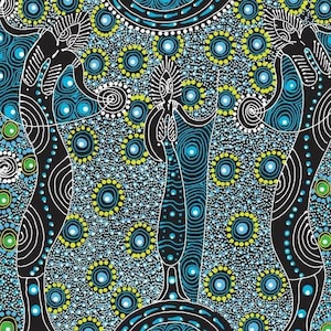 Dancing Spirit, Blue,   - Sold by HALF YARD - Australian Aboriginal quilting cotton, M & S Textiles