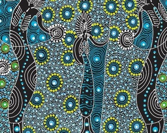 Dancing Spirit, blau, - Verkauft von HALF YARD - Australian Aboriginal quilting cotton, M&S Textiles