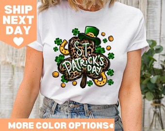 Happy St. Patricks Day Shirt, Shamrock Leopard Rainbow St Patrick's Day T-Shirt, Lucky Shirt, St Patrick Shamrock Shirt, Lucy Shamrock Shirt