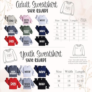 adult sweatsuit size chart with different styles and colors