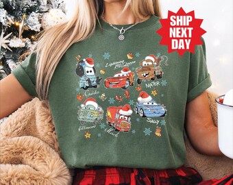 Vintage Disney Cars Christmas Shirt, Lightning Mcqueen Christmas Shirt, Sally Mater Doc Hudson Christmas Shirt, Disney Christmas Party Shirt