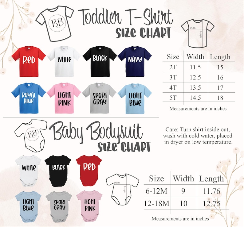 May include: Size chart for toddler t-shirts and baby bodysuits. The chart shows the different sizes, widths, and lengths for each garment. The chart also includes a list of available colors for each garment. The colors include red, white, black, navy, royal blue, light pink, sport gray, and light blue.