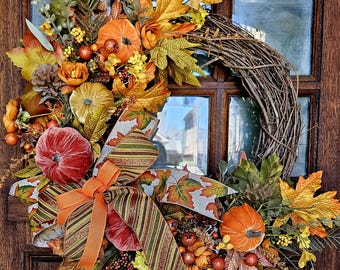 Fall Wreath for Front Door, Pumpkin Wreath, Autumn Grapevine Wreath, Thanksgiving Wreath, Rustic Fall Door Decor