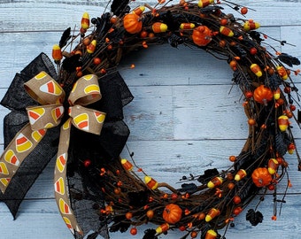 Fall wreath, halloween wreath, candy corn wreath, fall wreath for front door, pumpkins, grapevine wreath, rustic fall decor