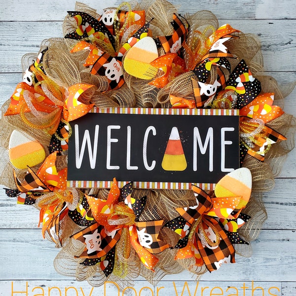 Candy corn wreath, candy corn halloween wreath, candy corn front door wreath, halloween wreath, candy corn decor, halloween wreath for door