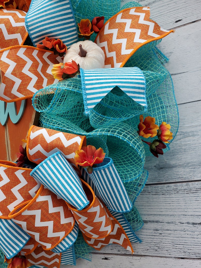 Teal fall wreath, turquoise wreath, blue wreath, pumpkin wreath, thankful, fall wreath bild 3
