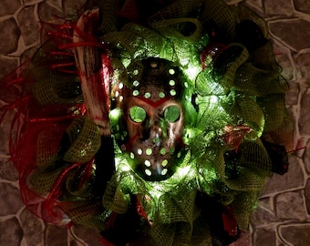 The Jason light up wreath, Friday the 13th, halloween wreath, horror movie, classic horror movie, Jason Voorhees