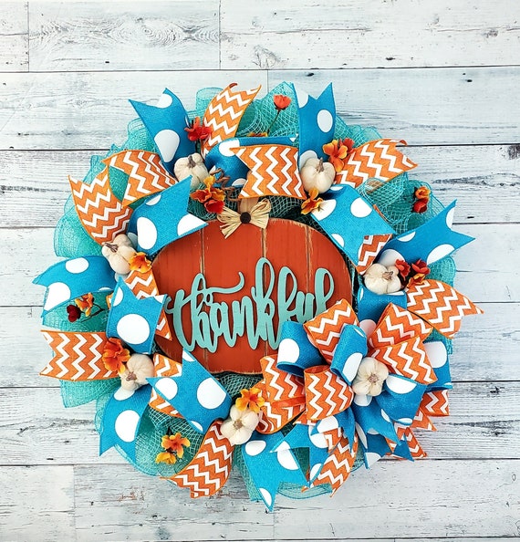 Teal fall wreath, turquoise wreath, blue wreath, pumpkin wreath, thankful, fall wreath