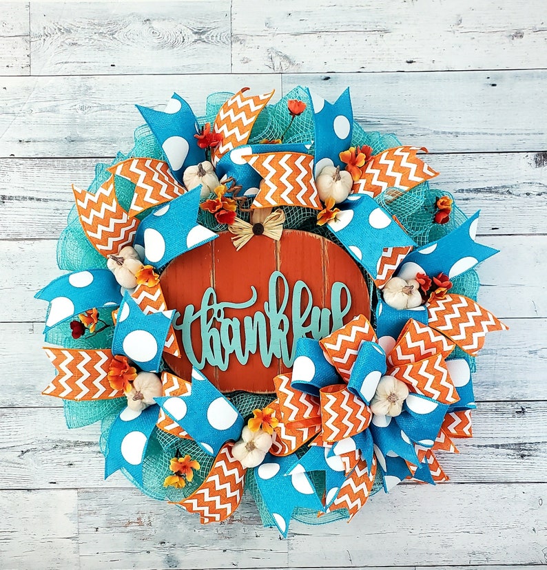 Teal fall wreath, turquoise wreath, blue wreath, pumpkin wreath, thankful, fall wreath bild 1