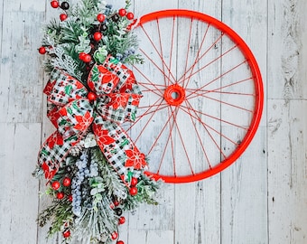 Christmas wreath, Christmas front door wreath, Christmas decorations, wheel wrearth, rustic Christmas wreath, country Christmas wreath