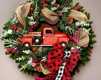 Christmas wreath, Christmas wreath for front door, farmhouse Christmas wreath, red truck Christmas wreath, rustic Christmas wreath