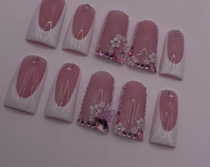 Acrylic White French Tip Flower Duck Nails With Pink Bling - Etsy