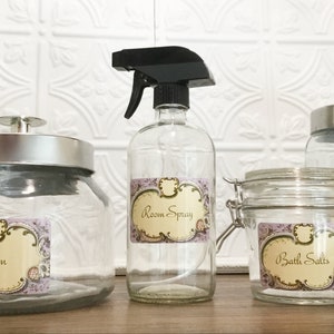 French Lavender Antique Designer Bathroom Organizer Removable Waterproof VINYL STICKER LABELS Set/8 - 2x3&quot; Cotton Qtips Room Spray Supplies