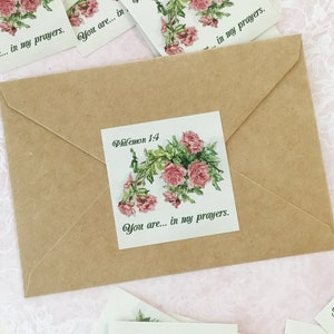 Set/25 IN MY PRAYERS 2x2"inch Square Shabby Chic Vintage Rose Scripture Stickers Inspirational Encouragement Letter Card Scrapbooking Crafts