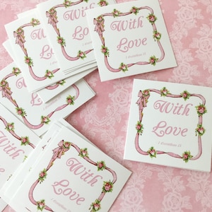 Set/25 MET LIEFDE 2x2"inch Square Shabby Chic Retro Rose Scripture Wedding Stickers Inspirerende Aanmoediging Gift Card Scrapbooking Ambachten