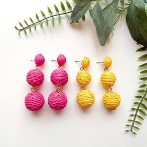 Pink Raffia Earrings, bold drop earrings, bright boho style jewellery