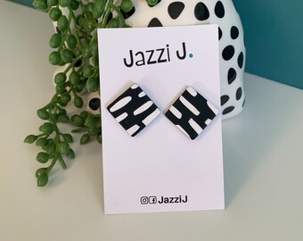 Black and White Patterned Square Stud Statement Earrings | For Her | 2021 | Gift Under 15