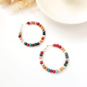 Boho Multicolour Hoop Earrings Wooden Beaded Statement Large Jewelry