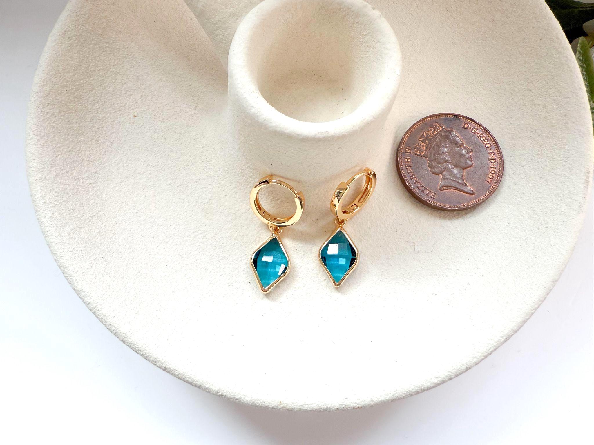 Blue Drop Earrings Gold Huggie Hoops Geometric Crystal Gift