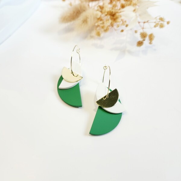 Half Moon 3 Layer Green Cream Gold Dangle Statement Earrings - Acrylic & Stainless Steel