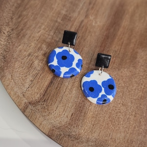 Blue White Flower Dangle Earrings Polymer Clay Statement Handmade Jewelry