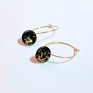 Black Dome Earrings With Gold Flakes, Colorful Jewellery Elegant Jewelry, Small Circle Statement Dangle, Hoop Earring Gift image 1