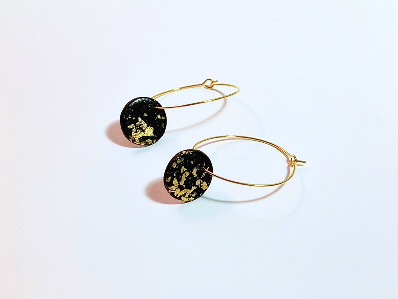 Black Dome Earrings With Gold Flakes, Colorful Jewellery Elegant Jewelry, Small Circle Statement Dangle, Hoop Earring Gift image 1