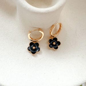 Black Flower Earrings Gold Huggie Hoops Enamel Gothic Floral Gift