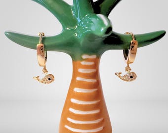 Whale Charm Gold Huggie Hoop Earrings