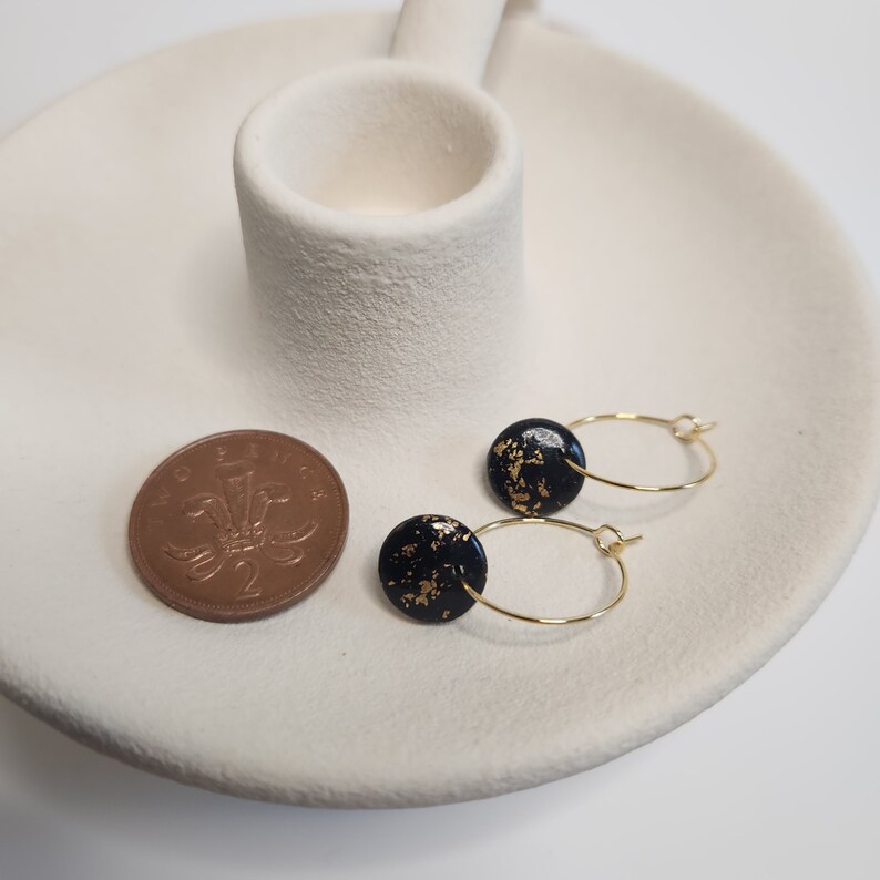 Black Dome Earrings With Gold Flakes, Colorful Jewellery Elegant Jewelry, Small Circle Statement Dangle, Hoop Earring Gift image 5