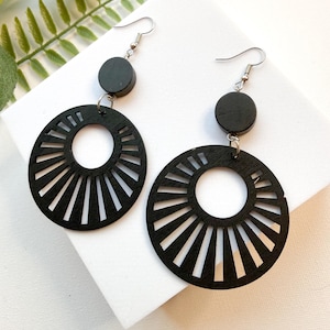 Black Statement Dangle Earrings, Laser Cut Sunburst, Wooden Retro Boho