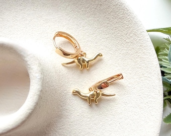 Dinosaur Hoop Earrings, Gold Kawaii Animal Charm Jewelry