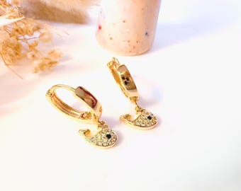 Fish Charm Hoop Earrings: Whale CZ Huggie Ocean Summer Jewelry