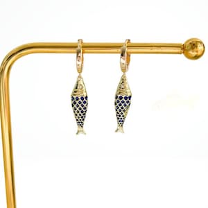 Blue Fish Huggie Earrings Gold Huggie Hoops Ocean Sea Life Gift