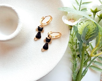 Cat Hoop Earrings: Black Gold Animal Huggie Charm Jewelry