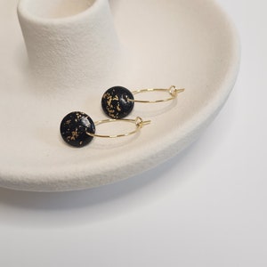 Black Dome Earrings With Gold Flakes, Colorful Jewellery Elegant Jewelry, Small Circle Statement Dangle, Hoop Earring Gift image 2