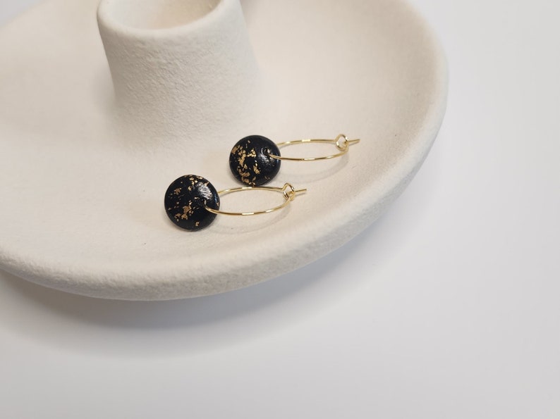 Black Dome Earrings With Gold Flakes, Colorful Jewellery Elegant Jewelry, Small Circle Statement Dangle, Hoop Earring Gift image 2