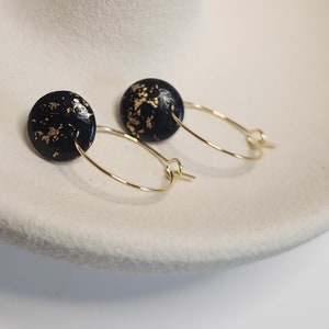 Black Dome Earrings With Gold Flakes, Colorful Jewellery Elegant Jewelry, Small Circle Statement Dangle, Hoop Earring Gift image 4