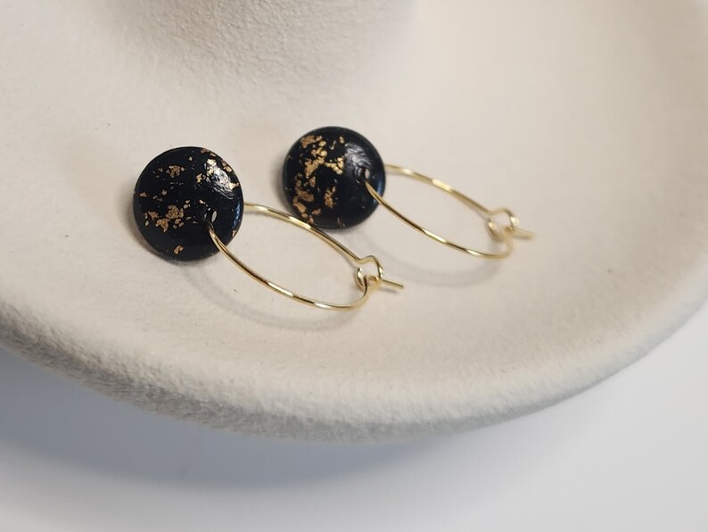 Black Dome Earrings With Gold Flakes, Colorful Jewellery Elegant Jewelry, Small Circle Statement Dangle, Hoop Earring Gift image 4