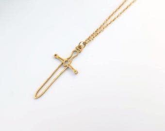 Gold Sword Pendant Necklace Dainty Fantasy Medieval Warrior Jewelry Gift