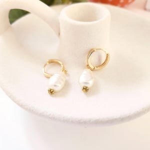 Pearl Huggie Earrings Gold Hoops Bridal Wedding Dainty Drop Jewelry Gift for Her