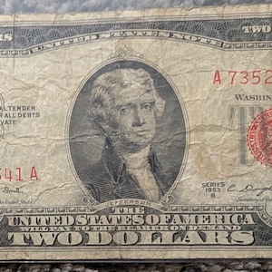 1953 B Red Seal 2 Bill | Vintage United States Note | Thomas Jefferson Two Dollar Bill | Collectible American Currency